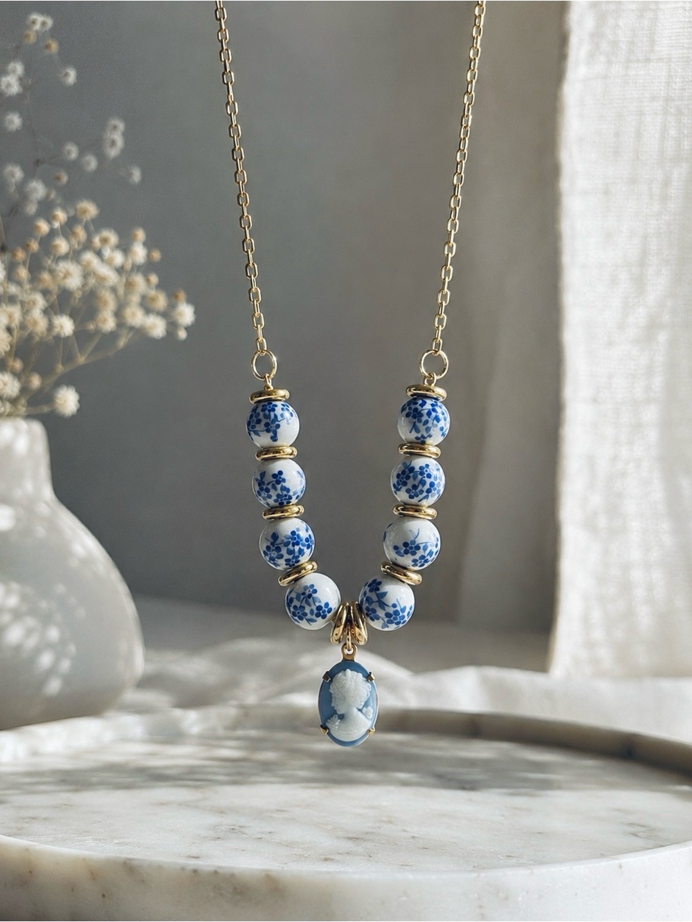 Blue Floral Bead Cameo Pendant Necklace - Women Jewelry